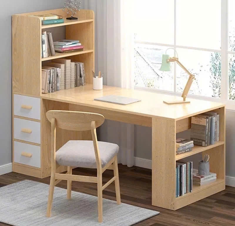 Bàn học MDF kèm kệ sách bên hông và hộc kéo