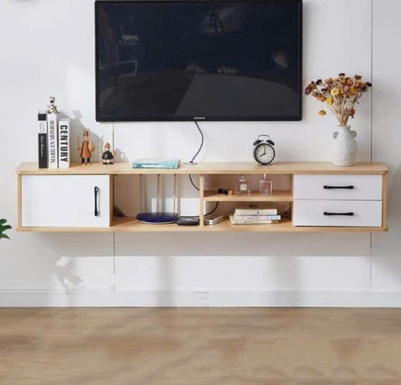 Kệ tivi MDF treo tường tối giản phối trắng - gỗ