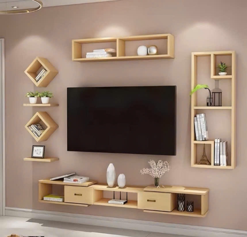 Bộ kệ tivi MDF treo tường đa năng tích hợp kệ trang trí ô vuông
