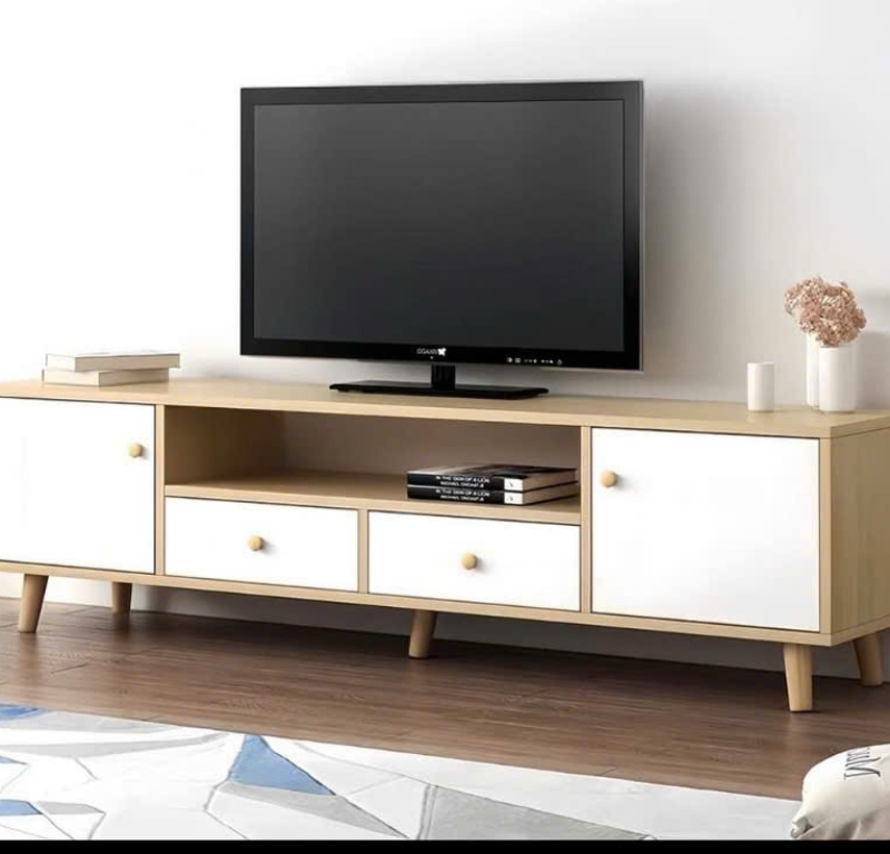 Kệ tivi MDF bệt sàn vân gỗ sáng có 2 cánh mở