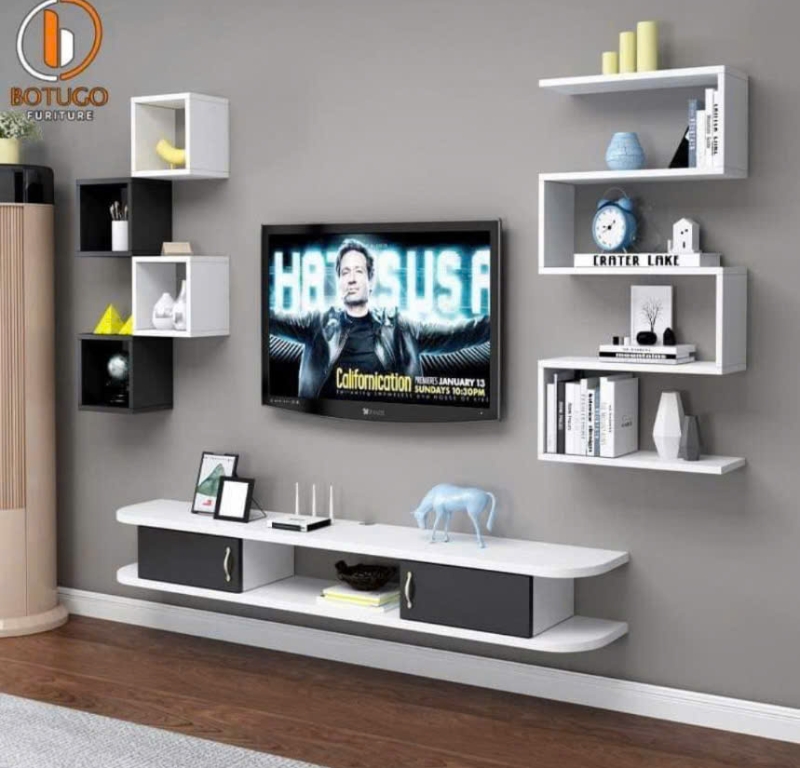 Combo kệ tivi MDF treo tường và kệ trang trí hình khối