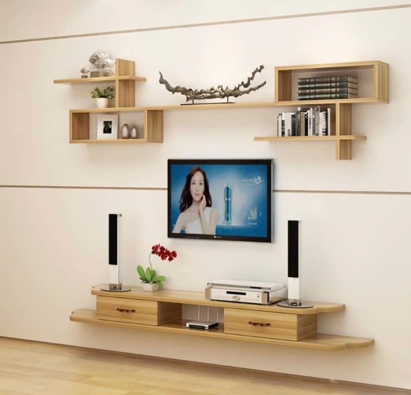 Hệ kệ tivi MDF treo tường vân gỗ kết hợp giá sách nghệ thuật