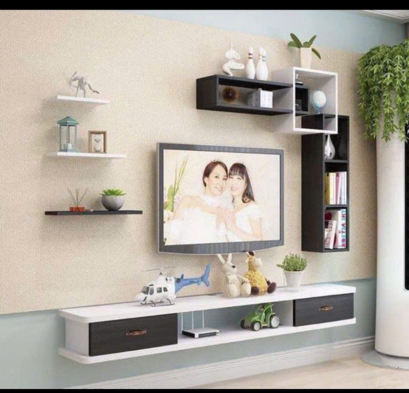 Kệ tivi MDF treo tường phối màu trắng - đen hiện đại