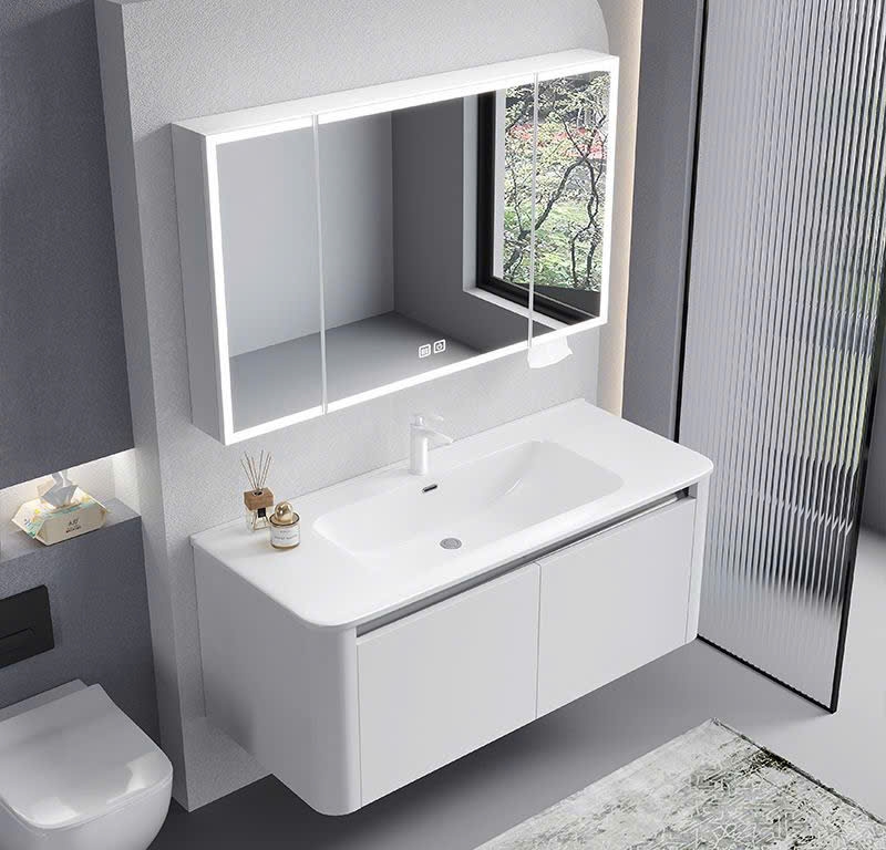 Tủ chậu lavabo trắng bo góc cao cấp kèm gương LED thông minh.