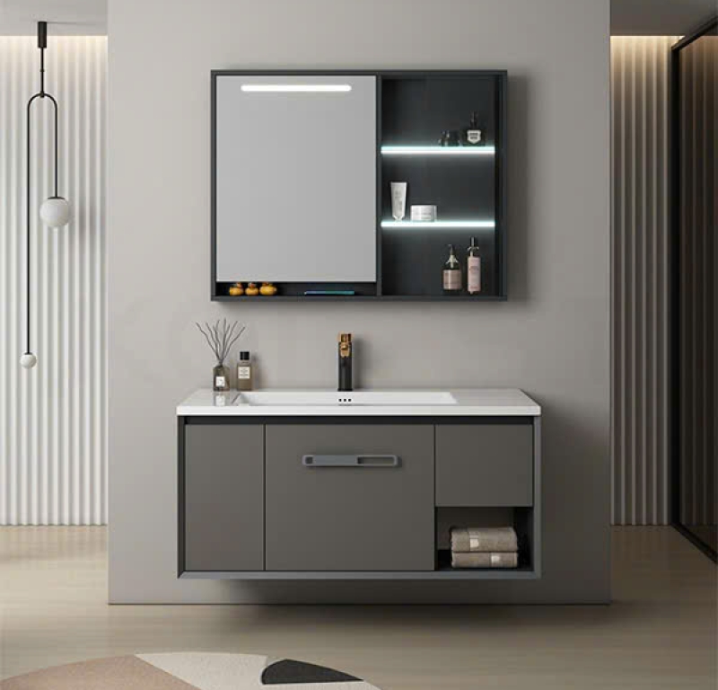 Tủ Lavabo treo tường trắng hiện đại với kệ gương chia ngăn tiện lợi