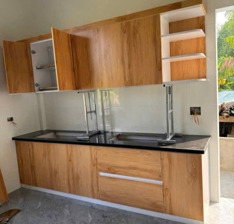 Tủ bếp MDF Vân Gỗ Sáng (Kệ Bo Góc)