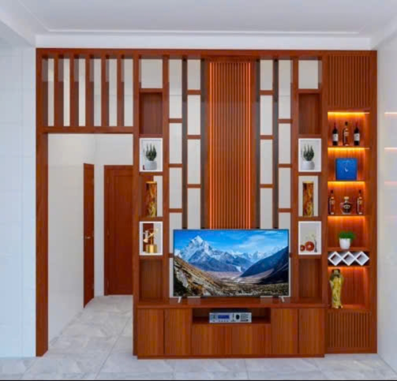 Vách ngăn MDF phòng khách tích hợp tủ rượu