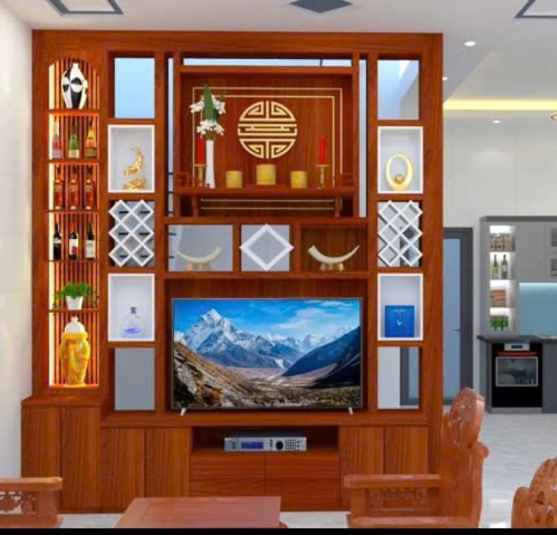 Vách ngăn MDF tích hợp bàn thờ và kệ TV