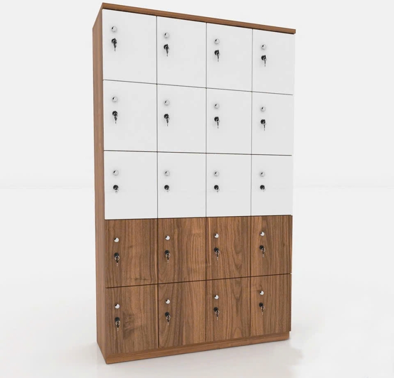 Tủ locker gỗ 20 ngăn phân tầng màu trắng và nâu walnut sang trọng.