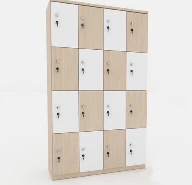 Tủ locker gỗ 16 ngăn phối màu caro (Trắng & Sồi) hiện đại.